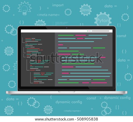 Vector laptop coding concept. Web developer, design, programming. Laptop screen code