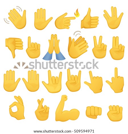 Set of hands icons and symbols. Emoji hand icons. Different gestures, hands, signals and signs, vector illustration