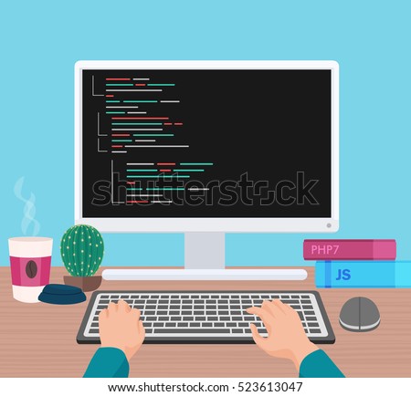 Man programmer hands working on his PC computer. Coding and programming. Head monitor view vector illustration