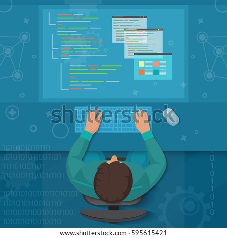 Man software engineer concept with design, optimization, responsive and developer solutions. Coder top view virtual workspace
