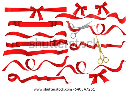 Metal chrome and golden scissors cutting red silk ribbon. Realistic opening ceremony symbols Tapes ribbons and scissors set. Grand opening inauguration event public ceremony.