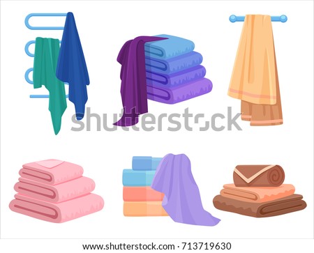 Vector Towels set. Cloth towel for bath. Cartoon Vector illustration.