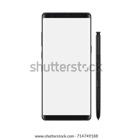 New version of modern vector note smartphone with blank white screen. Frameless elegant display smartphone with stylus.