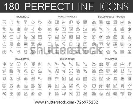 180 modern thin line icons set of household, home appliances, building construction, real estate, design tools, insurance.
