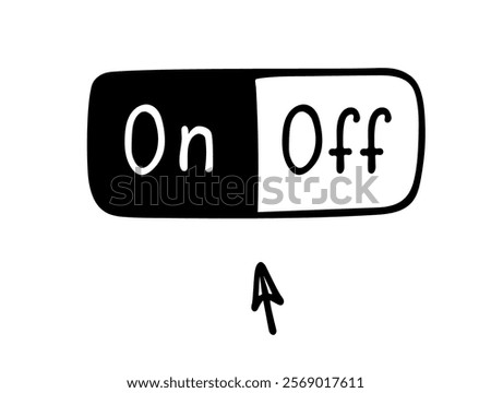 On-off button is hand-drawn. The on and off icon with a pointer. Vector linear illustration. Black and white picture .