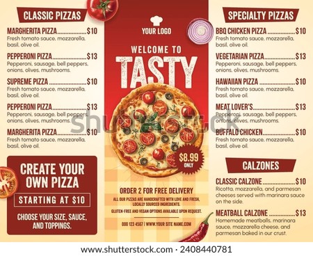 Pizza menu landscape template design. Vector illustration of food menu for pizza shop, cafe, and restaurant