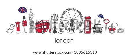 Vector modern illustration London with hand drawn doodle british symbols. Horizontal panoramic scene for banner or print design. Simple minimalistic style with black outline and red elements.