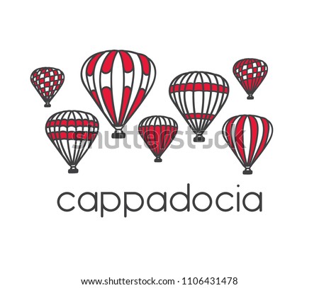 Modern illustration of a famous turkish travel destination Cappadocia and its symbol bright air balloons. Hand drawn doodle objects in clear design style: black outline and red color blocks on white.