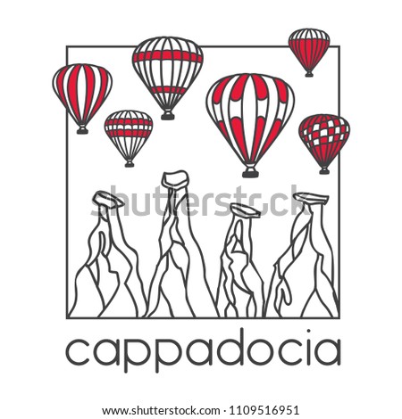 Modern illustration of a famous turkish travel destination Cappadocia and its symbol bright air balloons. Hand drawn doodle objects in clear design style: black outline and red color blocks on white.