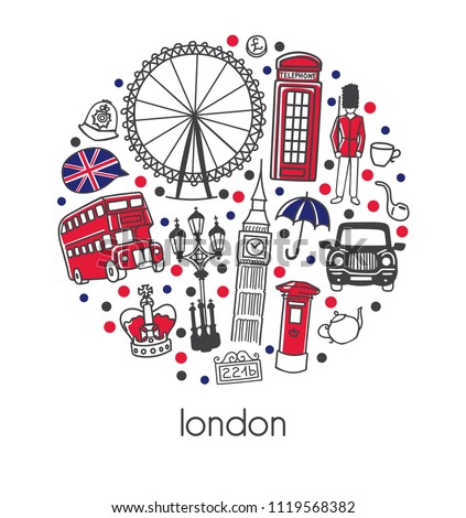 London. Modern vector illustration with famous english symbols and attractions with red, blue, black dots in a circle composition isolated on white background for travel card, poster, print design.