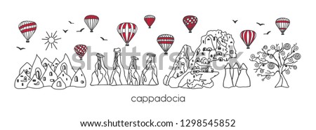 Vector modern illustration Cappadocia with hand drawn doodle turkish symbols. Horizontal panoramic scene for banner or print design. Simple minimalistic style with black outline and red elements.