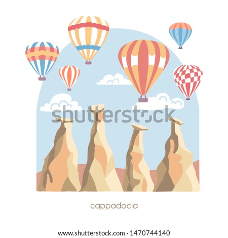 Cappadocia, Turkey. Modern vector illustration with a famous turkish landmark in the flat style. The fairy chimneys, rocks, stones, and bright colorful hot air ballons in the sky. Travel conception. 