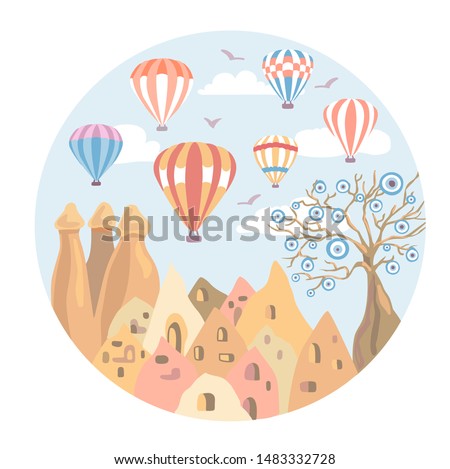 Cappadocia, Turkey. Modern flat vector illustration with a famous turkish landmark. The fairy chimneys, rocks, stones, the Evil tree, bright colorful hot air ballons in the sky. Travel conception. 