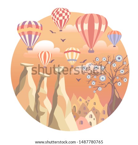Cappadocia, Turkey. Vector illustration of a famous turkish travel destination. Anatolian landmarks: fairy chimneys, rocks, stones, the Evil tree, bright colorful hot air ballons in the sunset sky.