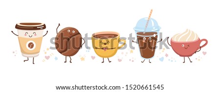 Set of cute coffee characters in trendy kawaii style. Take away cups, mugs and bean with hot beverage. Happy cartoon drinks with doodle stars and hearts. Banner, card, poster design.