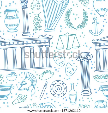 Greece. Vector seamless pattern with famous Greek symbols and landmarks. Hand drawn doodle elements on white. Travel endless background for country promotion.