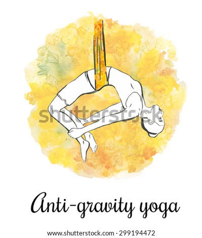 Hand drawn illustration of anti-gravity yoga. Beautiful fit woman drawn with ink on the yellow and orange artistic watercolor background decorated with flowers.