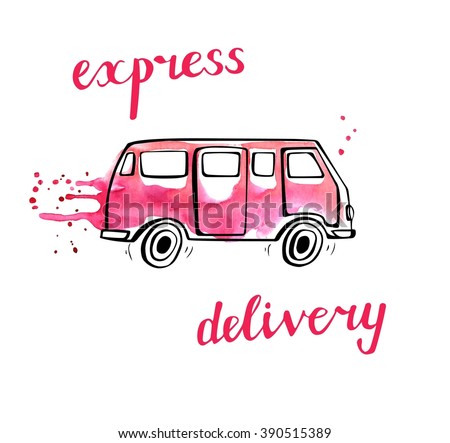Vector transport illustration in doodle style. Hand drawn bus with black outline and pink watercolor stains, curtains and drips. Isolated on white. Express delivery of fashion and beauty products
