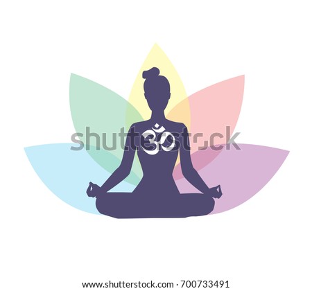 Vector illustration with meditating woman, religious symbol Om and lotus petals behind. Isolated on white background. Yoga icon for logo, poster, banner, flyer or card design. 