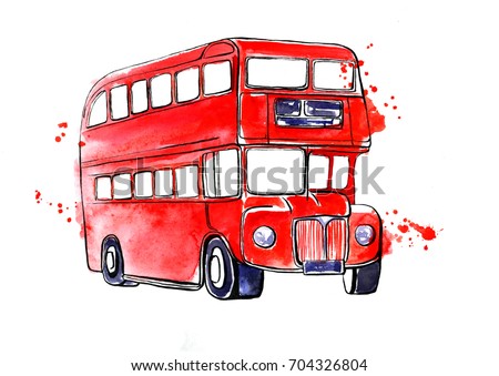 Hand drawn illustration with famous London symbol - red double decker bus. Watercolor and ink sketch with splashes and blots. Black outline and bright colorful stains isolated on white background