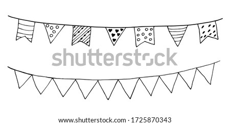 Garland of flags. Doodle freehand illustration. Vector. Holiday decoration. Contour black and white Imagine de stoc © 