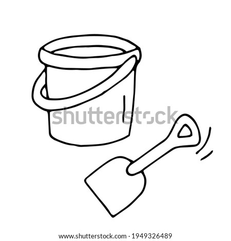 Bucket and scoop. Kids toys. Sandbox. Beach. Spatula. Vector. Doodle. Hand-drawn illustration. Coloring. Black and white outline. Silhouette.