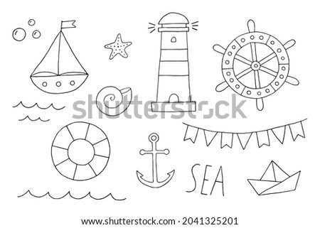A set of illustrations on the marine theme. Ship with sails. Steering wheel. Lighthouse. Lifebuoy. Paper boat. Anchor. Vector. Doodle. Drawn by hand. Silhouette. Black and white outline. Coloring.