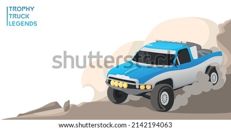 Vector illustration, template of racing pickup car, truck trophy, dakar rally legends against desert sand dunes background. 