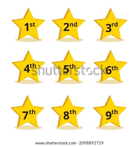 First to ninth yellow stars with light shadows on a transparent background, 1st to 9th yellow stars