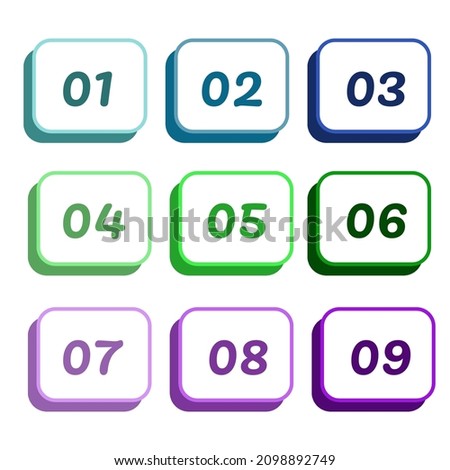 Colorful squares with rounded corners numbered from one to nine, and shaded with blue, green and purple tones.