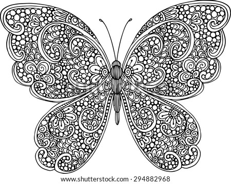 Hand Drawn Ornamental Butterfly Outline Illustration With Decorative Ornaments
