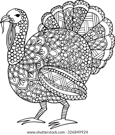 Hand Drawn Outline Thanksgiving Turkey Illustration. Doodle Ornate ...