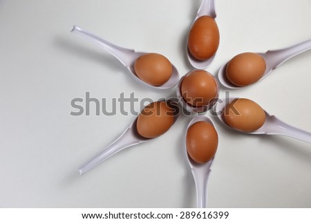 Brown eggs organized in flower pattern using white spoon