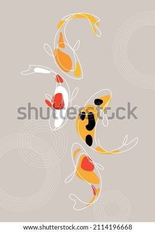 Greeting card design with Japanese koi fishes. Vector illustration, simple sketch drawing style