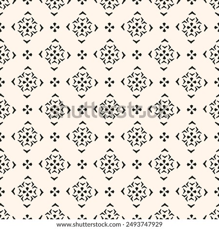 Vector black and white floral geometric seamless pattern. Abstract minimal ornament with flowers in oriental style. Elegant monochrome background.