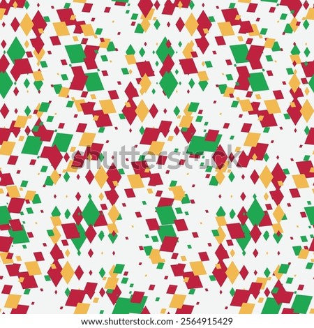 Design with large and small rhombus, squares on a white background. The Christmas colours are red and green. For banners, wallpapers, social media