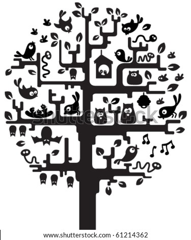 Silhouette of stylized tree with inhabitants