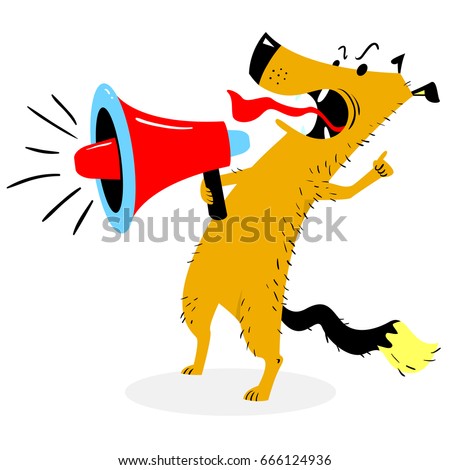 Screaming dog. The dog barks into the loudspeaker. Angry pet with megaphone. Vector illustration with cartoon character