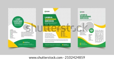 Lawn Mower Garden or Landscaping Service Flyer Template. Business Flyer poster pamphlet brochure cover design layout background, A4 size leaflet, grass, equipment, gardener