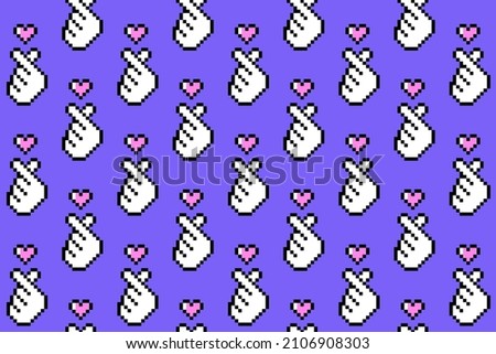 K pop love symbol pixel art seamless pattern. Korean symbol hand heart, love symbol in k pop. Stock fotó © 