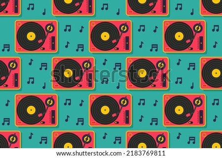 Vinyl player seamless pattern background. Retro style, party