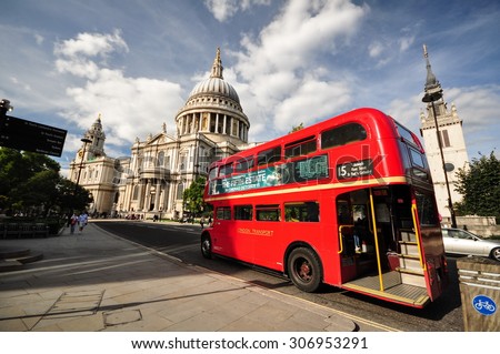 London, England - October 6,2013 : Famous London Double Deck Bus Passing St.Paul\'s Cathedral