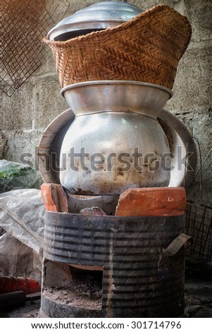 Rice steaming pot on stove