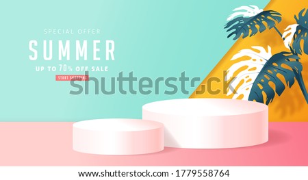 Summer sale design with product display cylindrical shape and monstera leaves decorating bright Color background.