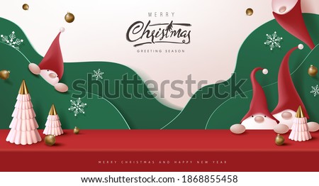 Merry Christmas banner studio table room product display with cute gnome and festive decoration for christmas