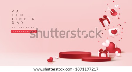Valentine's day sale banner background with with product display cylindrical shape. 