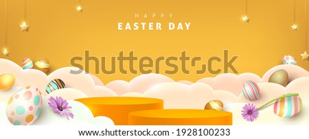 Happy easter banner with product display cylindrical shape and festive decoration for easter day.
