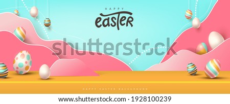 Happy easter banner studio table room product display with copy space. Traditional colored easter eggs with different ornaments. 