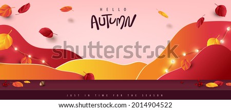 Autumn banner background with studio table room product display decorate Variety of autumn leaves falling 