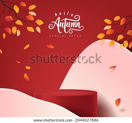 Autumn banner background with  product display cylindrical shape decorate autumn trees landscape 